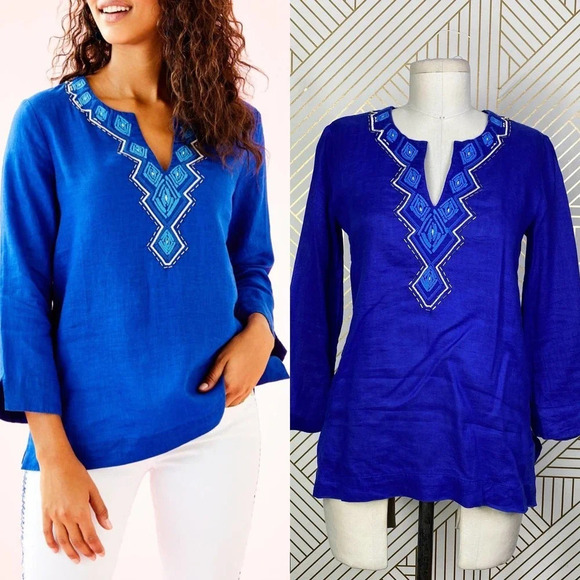 Lilly‎ Pulitzer Amelia Island Tunic Twilight Blue Beaded Embroidered Size US XXS - Picture 1 of 11